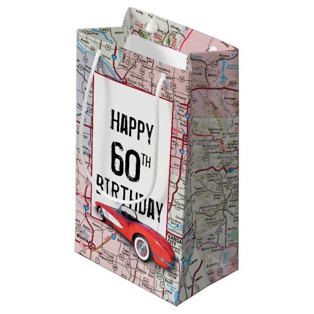 60th Birthday Retro Corvette On Map Small Gift Bag (Front Angled)