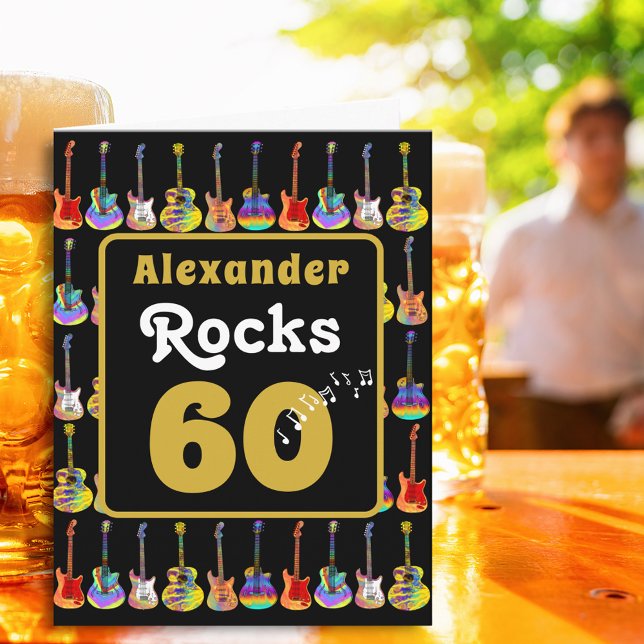 60th birthday Retro Groovy Guitar Personalized Card (Music lovers Guitar 60th birthday personalized name rocks 60 black and gold rock n roll folded card)