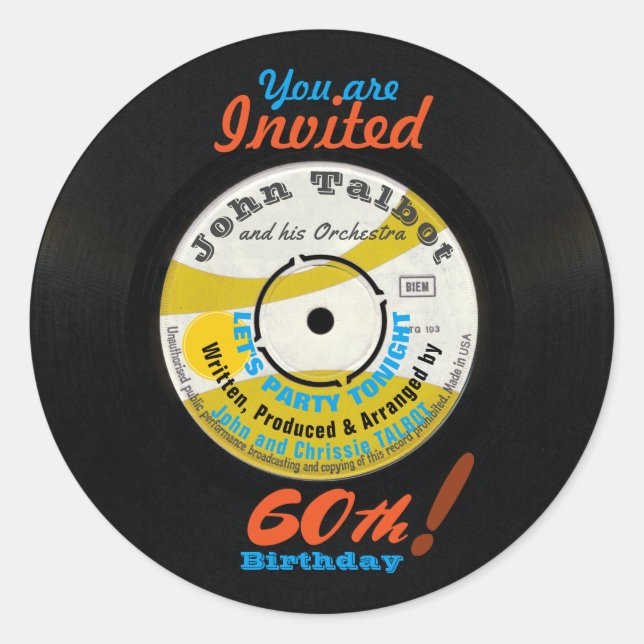 60th Birthday Retro Vinyl Record 45 RPM R Sticker (Front)