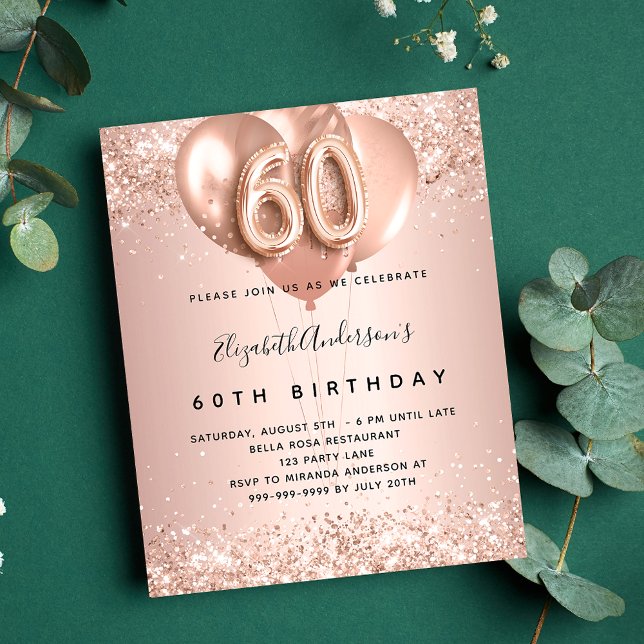 60th birthday rose gold balloons budget invitation flyer (Creator Uploaded)
