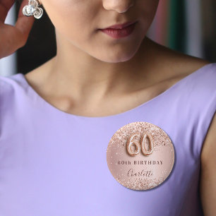 60th birthday rose gold blush glitter name tag 1 inch round button