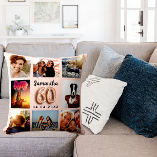 60th birthday rose gold blush pink photo collage throw pillow