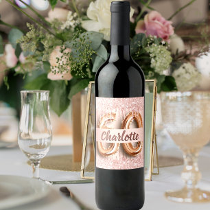 60th birthday rose gold glitter monogram luxury wine label