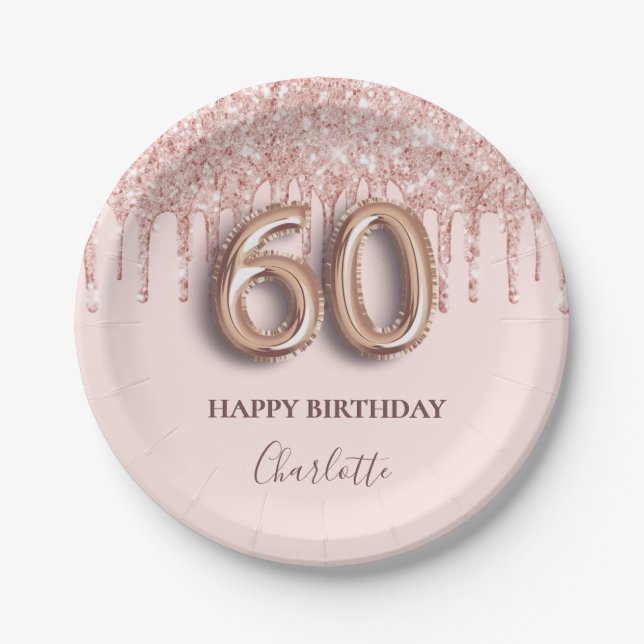 60th birthday rose gold glitter pink balloon style paper plate (Front)