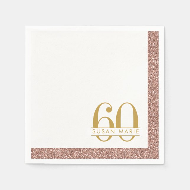 60th Birthday Rose Gold Personalized Pink Glitter Napkin (Front)