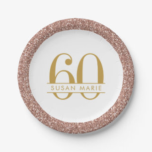 60th Birthday Rose Gold Personalized Pink Glitter Paper Plate
