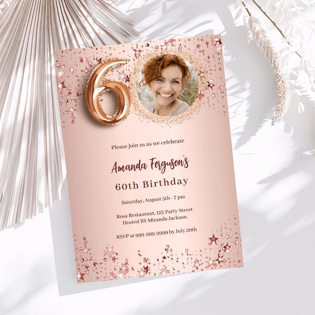60th Birthday rose gold photo stars Invitation (Creator Uploaded)