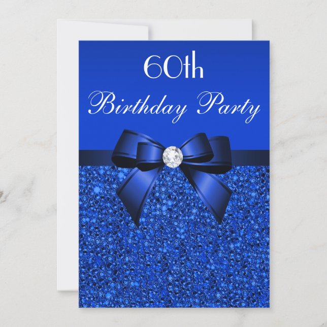 60th Birthday Royal Blue Sequins Bow and Diamond Invitation (Front)