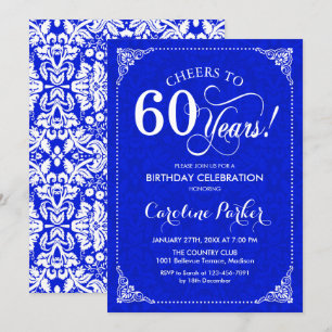 60th Birthday - Royal Blue White Damask Invitation