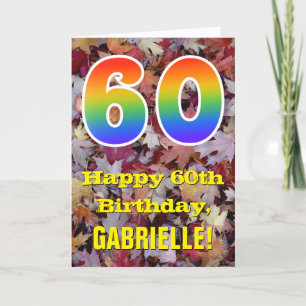 60th Birthday; Rustic Autumn Leaves; Rainbow "60" Card