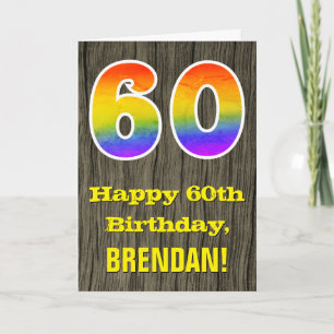 60th Birthday: Rustic Faux Wood Look, Rainbow "60" Card