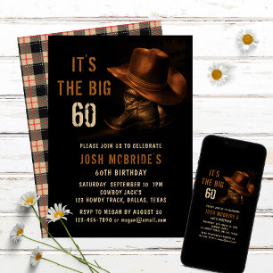60th Birthday Rustic Western Cowboy Hat & Boots Invitation