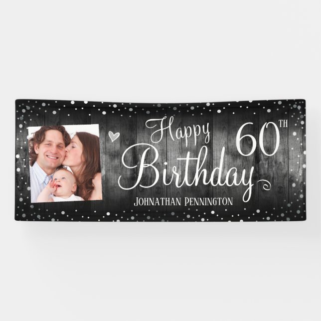 60th Birthday Rustic Wood Photo Silver Confetti Banner (Horizontal)