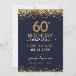 60th Birthday Save the Date Blue and Gold Invitation