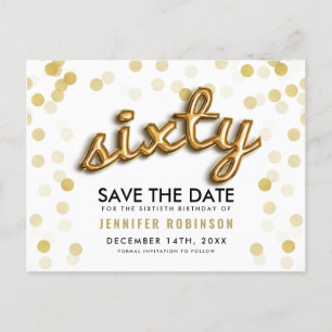 60TH Birthday Save The Date Gold Balloons Glitter Announcement Postcard