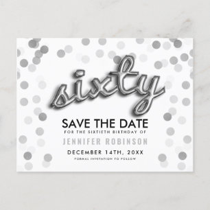 60TH Birthday Save The Date Silver Balloon Glitter Announcement Postcard
