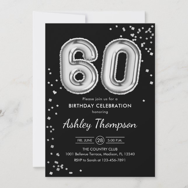 60th Birthday - Silver Balloons Black Invitation (Front)