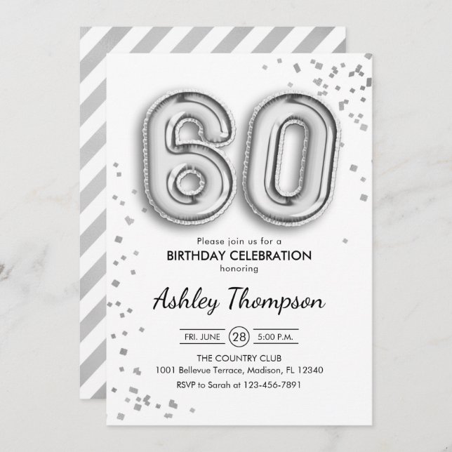60th Birthday - Silver Balloons Invitation (Front/Back)