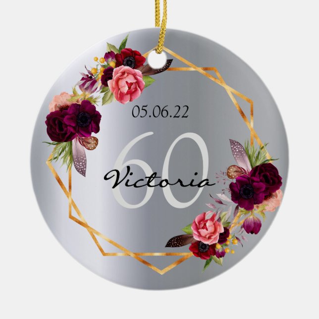 60th birthday silver florals gold name ceramic ornament (Front)