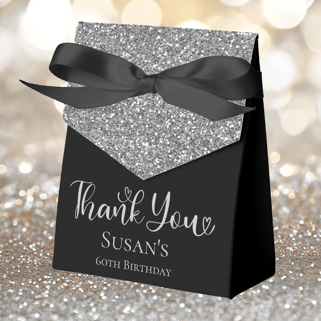 60th Birthday Silver Glitter Black Thank You Favor Box (Creator Uploaded)