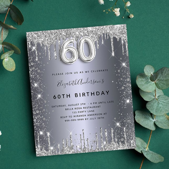 60th birthday silver glitter budget invitation flyer (Creator Uploaded)