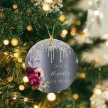 60th birthday silver glitter drips floral burgundy ceramic ornament<br><div class="desc">An ornament for a 60th birthday. A dark faux silver metallic looking background. Decorated with dark purple and burgundy and rose pink flowers, faux silver glitter dripping, paint drip look. Templates for a name, date and age 60. The name is written with a white modern hand lettered style script. Perfect...</div>