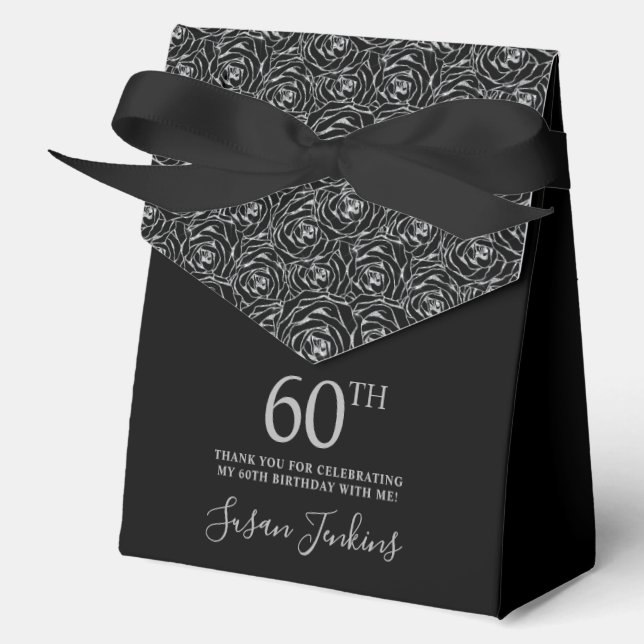 60th Birthday Silver Glitter Roses Thank You  Favor Box (Front)