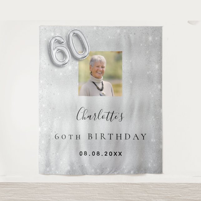 60th birthday silver photo glitter dust welcome tapestry (Front)