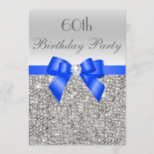 60th Birthday Silver Sequin Royal Blue Bow Diamond Invitation