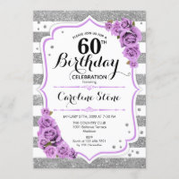 60th Birthday -  Silver White Stripes Purple Roses