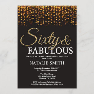 60th Birthday Sixty and Fabulous Gold Glitter Invitation