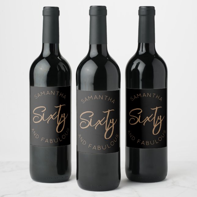 60th Birthday Sixty and fabulous Modern Black Gold Wine Label (Bottles)