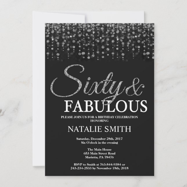 60th Birthday Sixty and Fabulous Silver Glitter Invitation (Front)