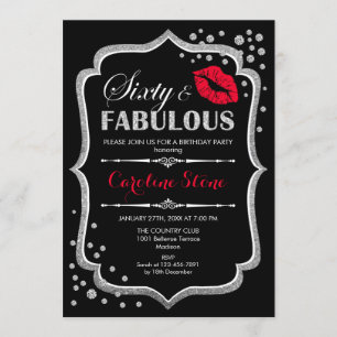 60th Birthday - Sixty Fabulous Black Red Silver Invitation