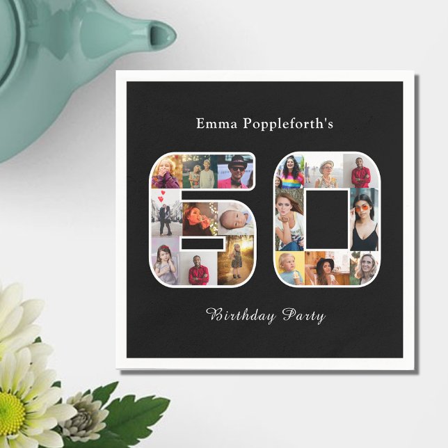 60th Birthday Sixty Photo Collage Black White Napkin (60th birthday party paper napkin. black with white text and photo collage template.)