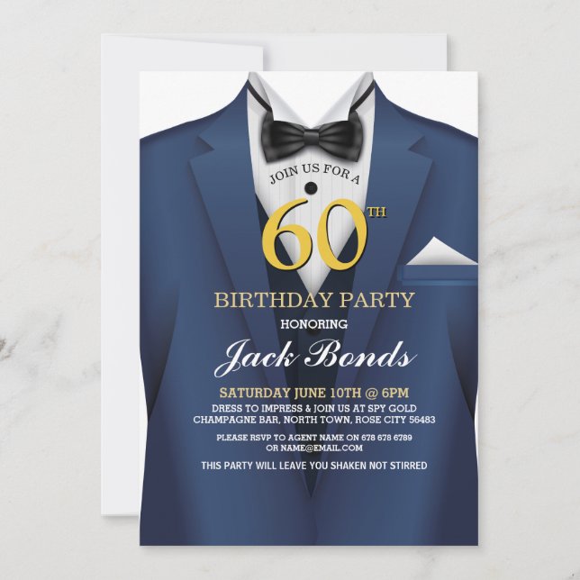 60th Birthday Spy Suit Navy tie Gold Invitation (Front)