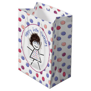 60th Birthday Stick Girl on Polka Dots Medium Gift Bag