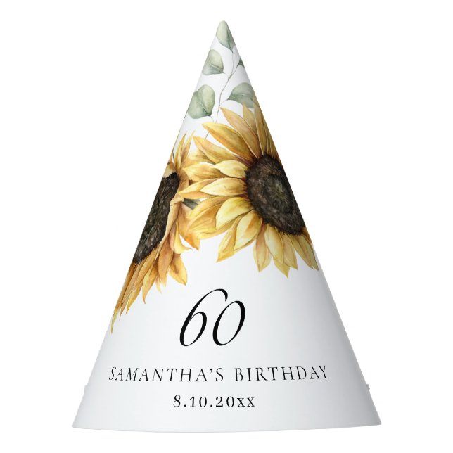 60th Birthday Sunflower Eucalyptus Party Party Hat (Front)