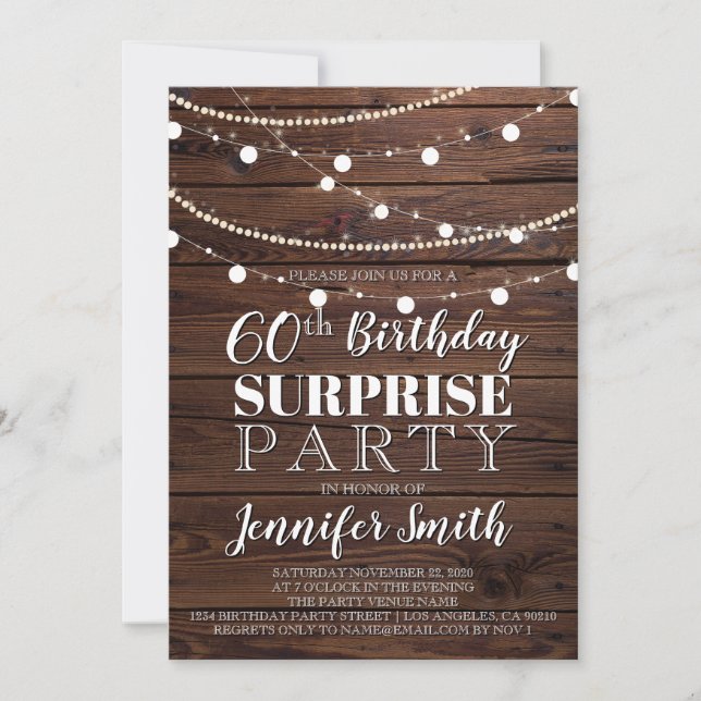 60th Birthday Surprise Rustic Wood String Lights Invitation (Front)