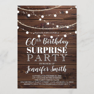 60th Birthday Surprise Rustic Wood String Lights Invitation