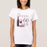 60th Birthday T Shirts for a Wine Party<br><div class="desc">Celebrate her milestone in style with this “Cheers to 60 Years” wine-themed birthday T-shirt, featuring an illustrated bottle of wine and glass. Designed for comfort and personality, it’s perfect for anyone searching for 60th birthday t shirts. Use the template fields to customize with your guest of honours age. Whether she’s...</div>