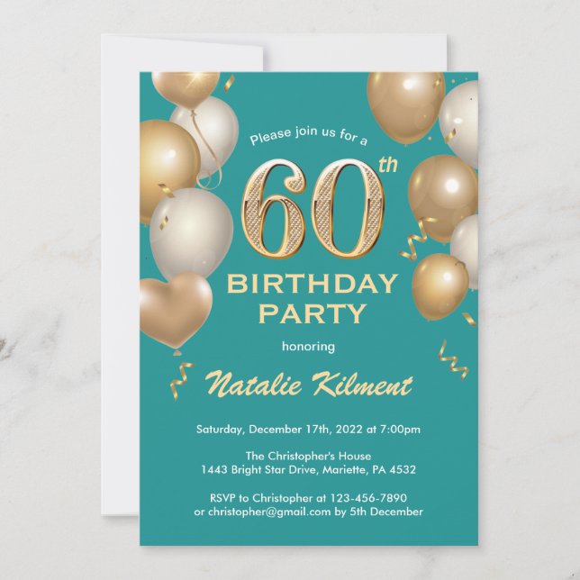 60th Birthday Teal and Gold Glitter Balloons Invitation (Front)