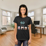 60th birthday teal custom photo woman T-Shirt<br><div class="desc">For a 60th birthday as a gift or for the party. A collage of 3 of your photos of herself friends,  family,  interest or pets.  Personalize and add her name,  age 60 and a date.  Date of birth or the date of the birthday party.  Teal and purple coloured letters.</div>