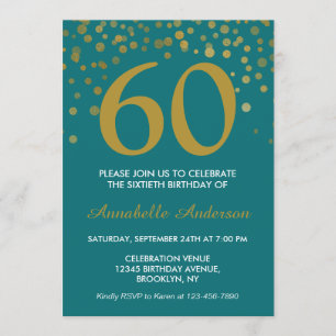 60th Birthday Teal Gold Confetti Modern Elegant Invitation