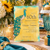 60th Birthday Teal Yellow Watercolor Peacock