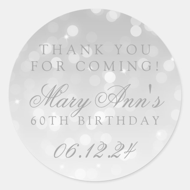 60th Birthday Thank You Silver Bokeh Sparkle Light Classic Round Sticker (Front)