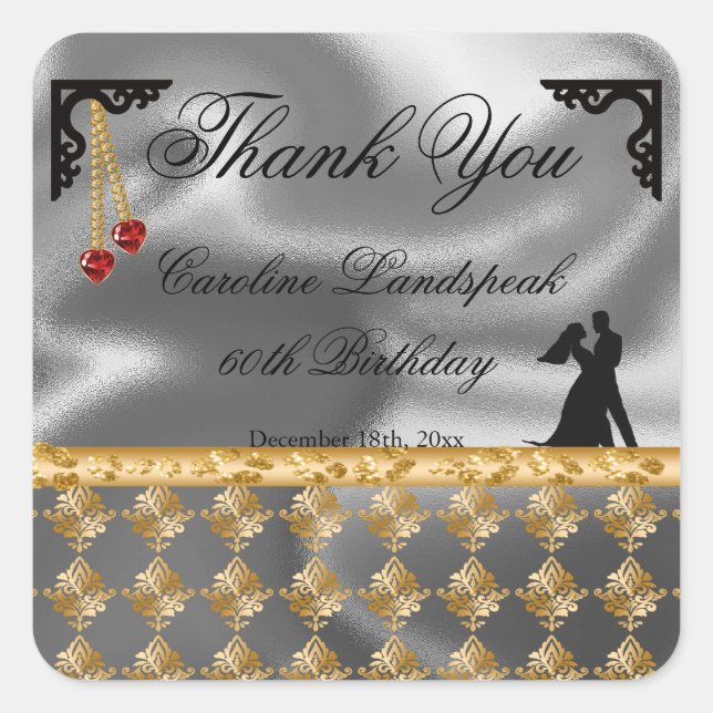 60th Birthday Thank You Silver Foil Gold Damask Square Sticker (Front)