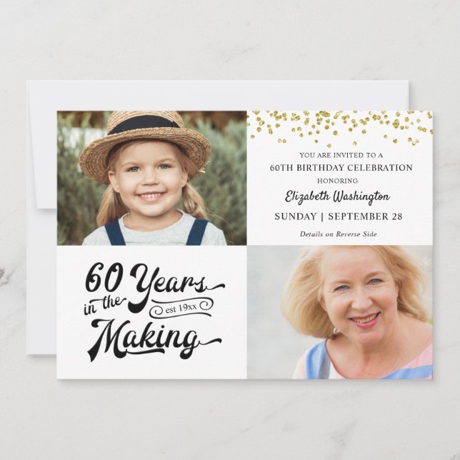 60th Birthday Then & Now Photos Gold Confetti Invitation (Front)