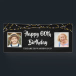 60th Birthday Then & Now Photos Lights Black Banner<br><div class="desc">Celebrate a 60th birthday and welcome party guests with this editable black banner sign featuring THEN and NOW photos of the birthday man or woman with a border of gold and white string lights. EDITABLE COLOR: The black background colour and text fonts and colour can be changed to coordinate with...</div>