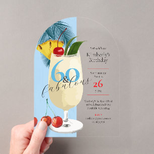 60th Birthday Tropical Blue Pina Colada Cocktail  Acrylic Invitations